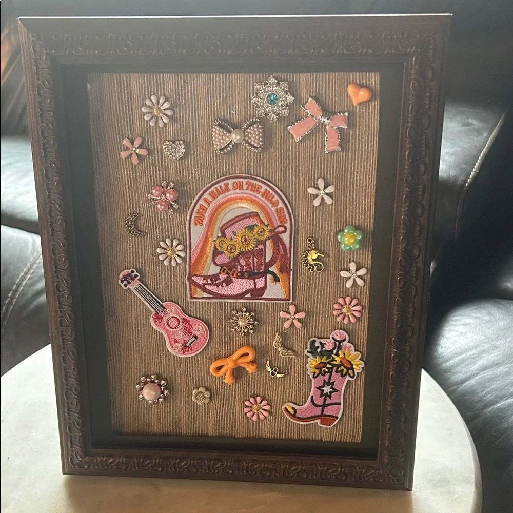 Decorative Framed Pink & Orange Embellished Patch Art western style